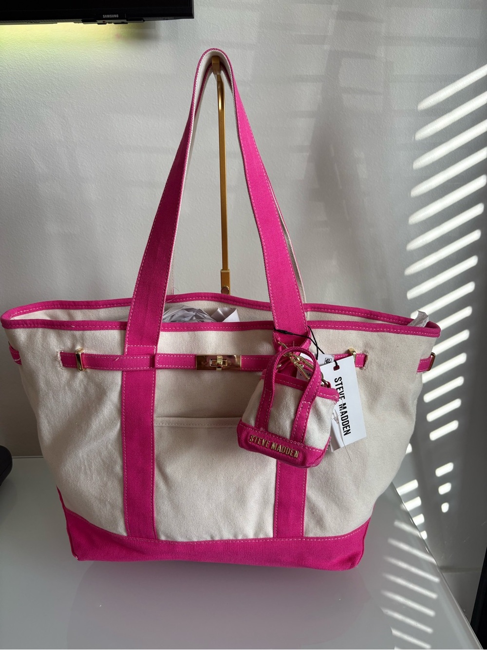 Steve Madden BBOAT Hot Pink Large Canvas Tote Bag + Mini Bag Charm